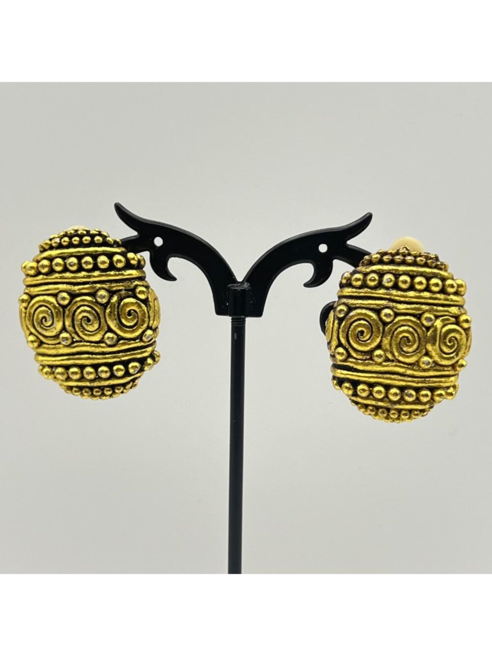 Vintage Gold Tone Clip On Earrings Etruscan Revival Ornate Oval Statement